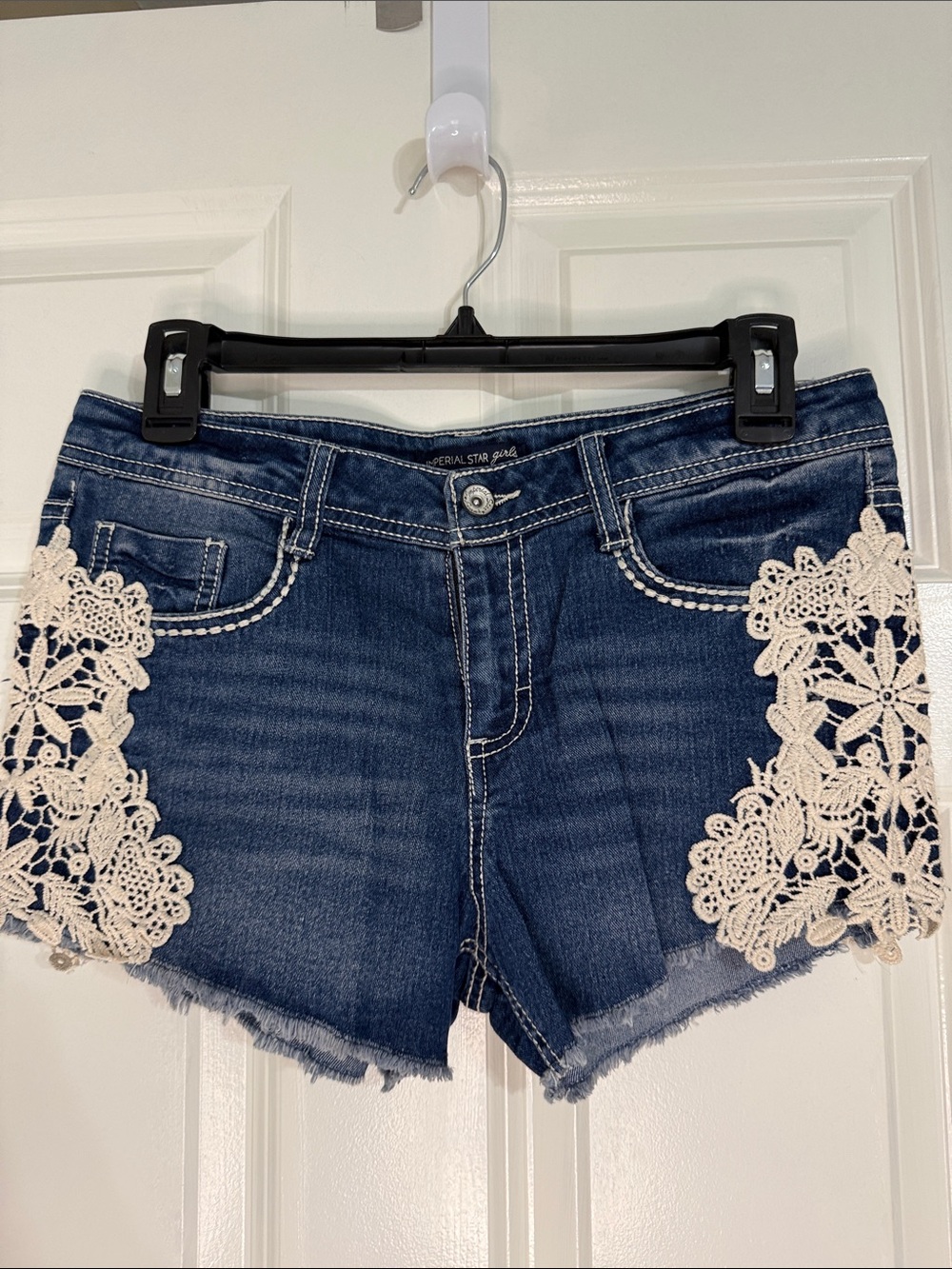 Imperial Star Dark Blue Denim Shorts with Cream Crochet Panels
